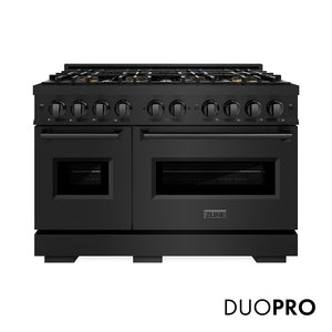 ZLINE 48 in. 6.7 cu. ft. Classic Dual Fuel Range with 8 Burner DuoPro™ Cooktop and Dual Ovens in Black Stainless Steel (PCDRB-48) front, with DuoPro™ logo.