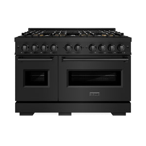 ZLINE 48 in. 6.7 cu. ft. Classic Dual Fuel Range with 8 Burner DuoPro™ Cooktop and Dual Ovens in Black Stainless Steel (PCDRB-48) front.