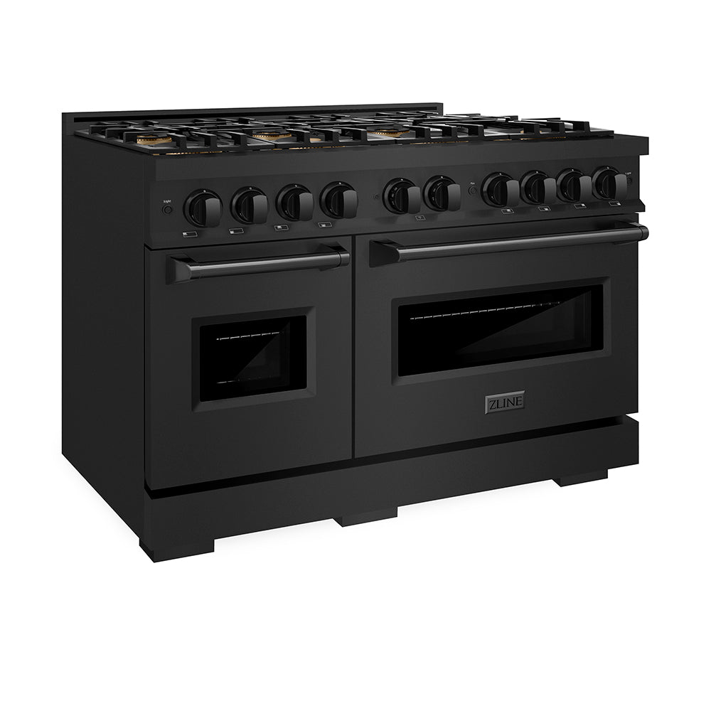 ZLINE 48 in. 6.7 cu. ft. Classic Dual Fuel Range with 8 Burner DuoPro™ Cooktop and Dual Ovens in Black Stainless Steel (PCDRB-48) side, oven closed.