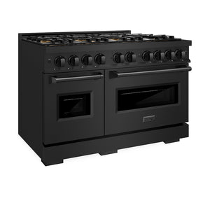 ZLINE 48 in. 6.7 cu. ft. Classic Dual Fuel Range with 8 Burner DuoPro™ Cooktop and Dual Ovens in Black Stainless Steel (PCDRB-48) side, oven closed.