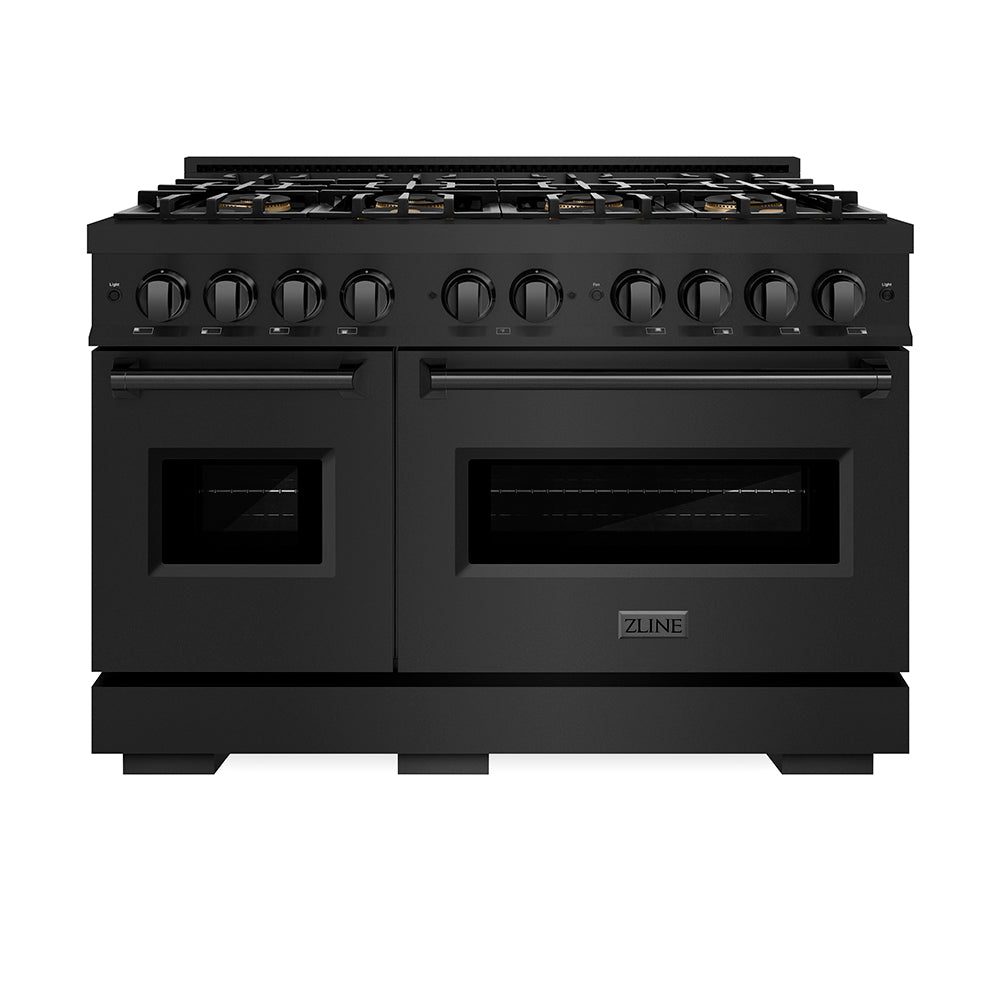 ZLINE 48 in. 6.7 cu. ft. Classic Dual Fuel Range with 8 Burner DuoPro™ Cooktop and Dual Ovens in Black Stainless Steel (PCDRB-48) front, oven closed.