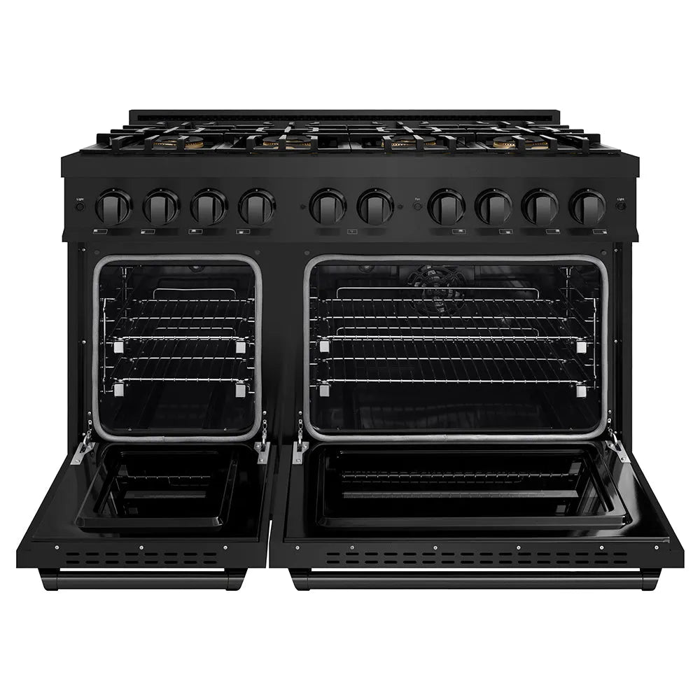 ZLINE 48 in. 6.7 cu. ft. Classic Dual Fuel Range with 8 Burner DuoPro™ Cooktop and Dual Ovens in Black Stainless Steel (PCDRB-48) front, oven open.