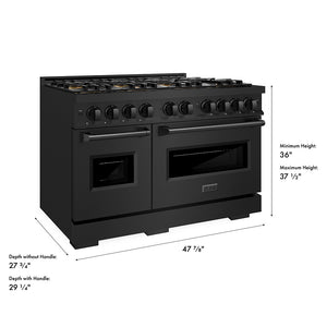 ZLINE 48 in. 6.7 cu. ft. Classic Dual Fuel Range with 8 Burner DuoPro™ Cooktop and Dual Ovens in Black Stainless Steel (PCDRB-48) dimensional diagram.