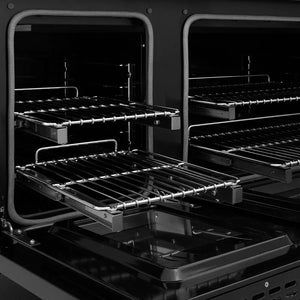 ZLINE 48 in. 6.7 cu. ft. Classic Dual Fuel Range with 8 Burner DuoPro™ Cooktop and Dual Ovens in Black Stainless Steel (PCDRB-48) open oven with racks inside, showing interior design and layout.