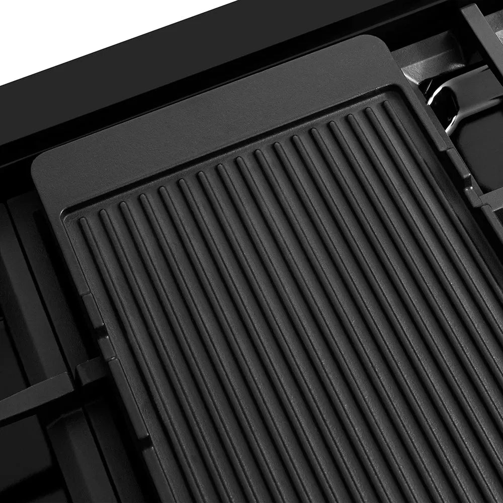 ZLINE 48 in. 6.7 cu. ft. Classic Dual Fuel Range with 8 Burner DuoPro™ Cooktop and Dual Ovens in Black Stainless Steel (PCDRB-48) reversible griddle ribbed side.