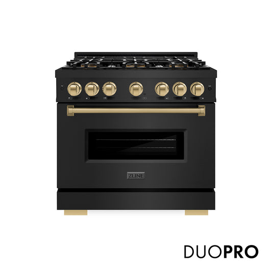 ZLINE Autograph Edition 36 in. 5.2 cu. ft. Classic Dual Fuel Range with 6 Burner DuoPro™ Cooktop and Electric Convection Oven in Black Stainless Steel and Champagne Bronze Accents (PCDRBZ-36-CB) front, with DuoPro™ logo.