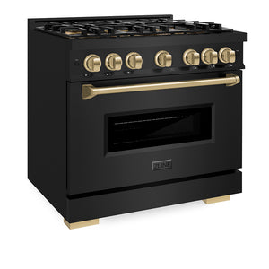ZLINE Autograph Edition 36 in. 5.2 cu. ft. Classic Dual Fuel Range with 6 Burner DuoPro™ Cooktop and Electric Convection Oven in Black Stainless Steel and Champagne Bronze Accents (PCDRBZ-36-CB) side, oven closed.