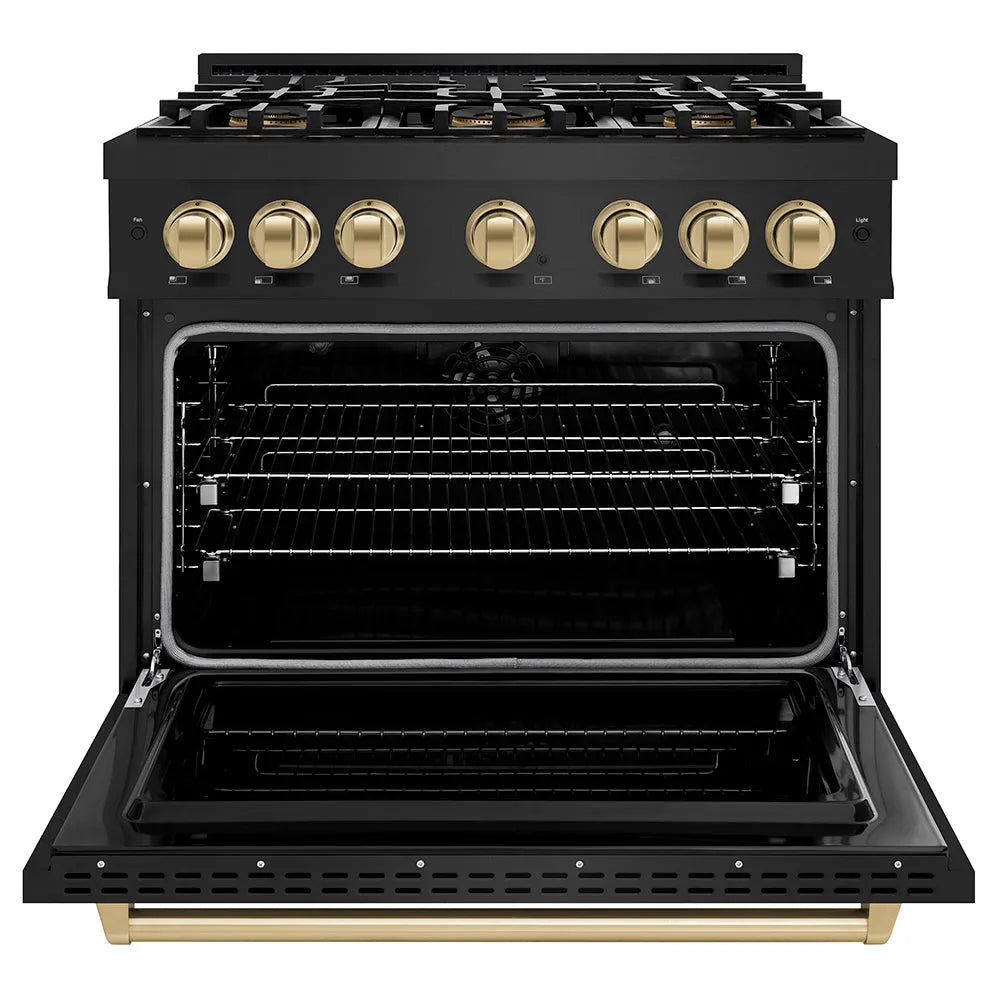 ZLINE Autograph Edition 36 in. 5.2 cu. ft. Classic Dual Fuel Range with 6 Burner DuoPro™ Cooktop and Electric Convection Oven in Black Stainless Steel and Champagne Bronze Accents (PCDRBZ-36-CB) front, oven open.
