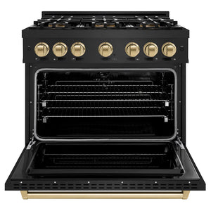 ZLINE Autograph Edition 36 in. 5.2 cu. ft. Classic Dual Fuel Range with 6 Burner DuoPro™ Cooktop and Electric Convection Oven in Black Stainless Steel and Champagne Bronze Accents (PCDRBZ-36-CB) front, oven open.