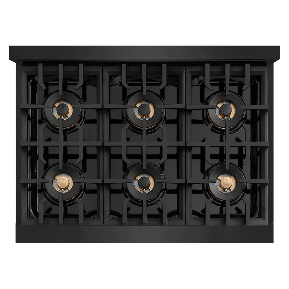 ZLINE Autograph Edition 36 in. 5.2 cu. ft. Classic Dual Fuel Range with 6 Burner DuoPro™ Cooktop and Electric Convection Oven in Black Stainless Steel and Champagne Bronze Accents (PCDRBZ-36-CB) top-down, above cooktop.