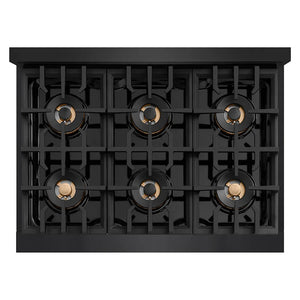 ZLINE Autograph Edition 36 in. 5.2 cu. ft. Classic Dual Fuel Range with 6 Burner DuoPro™ Cooktop and Electric Convection Oven in Black Stainless Steel and Champagne Bronze Accents (PCDRBZ-36-CB) top-down, above cooktop.