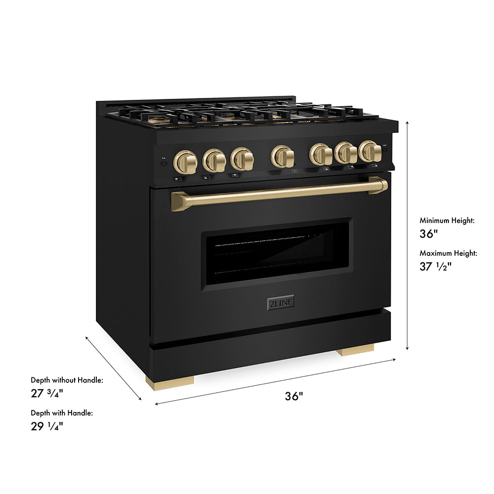 ZLINE Autograph Edition 36 in. 5.2 cu. ft. Classic Dual Fuel Range with 6 Burner DuoPro™ Cooktop and Electric Convection Oven in Black Stainless Steel and Champagne Bronze Accents (PCDRBZ-36-CB) dimensional diagram.