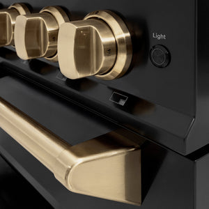 ZLINE Autograph Edition 36 in. 5.2 cu. ft. Classic Dual Fuel Range with 6 Burner DuoPro™ Cooktop and Electric Convection Oven in Black Stainless Steel and Champagne Bronze Accents (PCDRBZ-36-CB) cooktop and oven knobs.