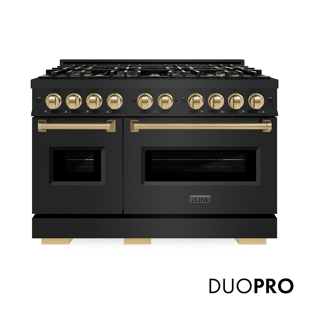 ZLINE Autograph Edition 48 in. 6.7 cu. ft. Classic Dual Fuel Range with 8 Burner DuoPro™ Cooktop and Dual Ovens in Black Stainless Steel and Champagne Bronze Accents (PCDRBZ-48-CB) front, with DuoPro™ logo.