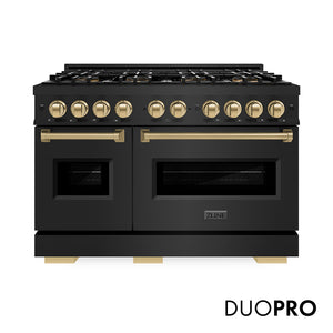 ZLINE Autograph Edition 48 in. 6.7 cu. ft. Classic Dual Fuel Range with 8 Burner DuoPro™ Cooktop and Dual Ovens in Black Stainless Steel and Champagne Bronze Accents (PCDRBZ-48-CB) front, with DuoPro™ logo.