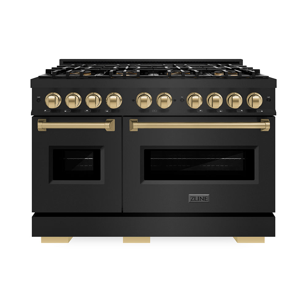 ZLINE Autograph Edition 48 in. 6.7 cu. ft. Classic Dual Fuel Range with 8 Burner DuoPro™ Cooktop and Dual Ovens in Black Stainless Steel and Champagne Bronze Accents (PCDRBZ-48-CB) front.