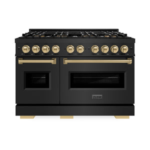 ZLINE Autograph Edition 48 in. 6.7 cu. ft. Classic Dual Fuel Range with 8 Burner DuoPro™ Cooktop and Dual Ovens in Black Stainless Steel and Champagne Bronze Accents (PCDRBZ-48-CB) front.