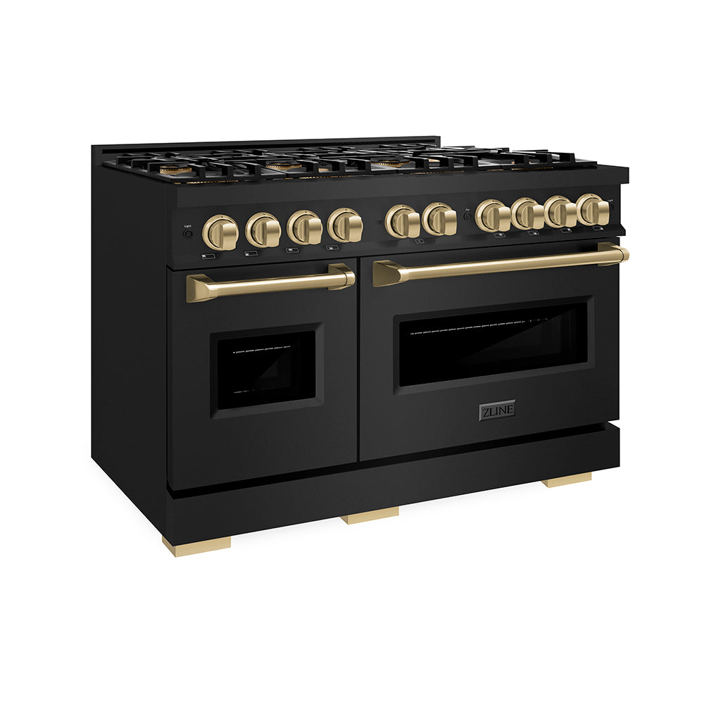 ZLINE Autograph Edition 48 in. 6.7 cu. ft. Classic Dual Fuel Range with 8 Burner DuoPro™ Cooktop and Dual Ovens in Black Stainless Steel and Champagne Bronze Accents (PCDRBZ-48-CB) side.