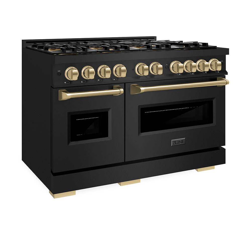 ZLINE Autograph Edition 48 in. 6.7 cu. ft. Classic Dual Fuel Range with 8 Burner DuoPro™ Cooktop and Dual Ovens in Black Stainless Steel and Champagne Bronze Accents (PCDRBZ-48-CB) side, oven closed.