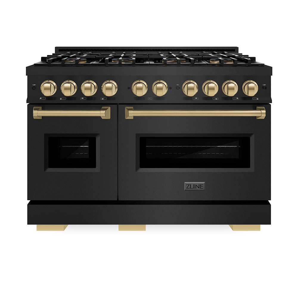 ZLINE Autograph Edition 48 in. 6.7 cu. ft. Classic Dual Fuel Range with 8 Burner DuoPro™ Cooktop and Dual Ovens in Black Stainless Steel and Champagne Bronze Accents (PCDRBZ-48-CB) front, oven closed.