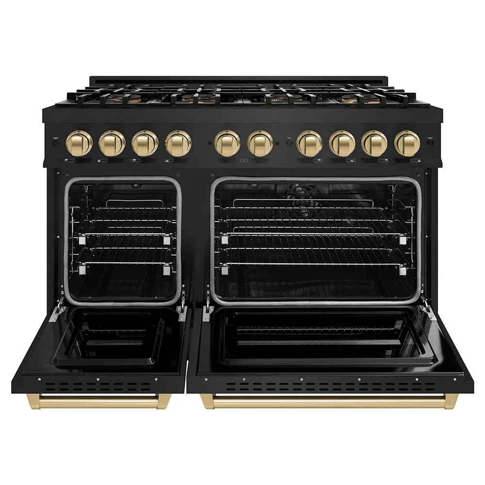 ZLINE Autograph Edition 48 in. 6.7 cu. ft. Classic Dual Fuel Range with 8 Burner DuoPro™ Cooktop and Dual Ovens in Black Stainless Steel and Champagne Bronze Accents (PCDRBZ-48-CB) front, oven open.