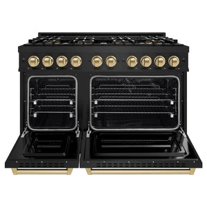 ZLINE Autograph Edition 48 in. 6.7 cu. ft. Classic Dual Fuel Range with 8 Burner DuoPro™ Cooktop and Dual Ovens in Black Stainless Steel and Champagne Bronze Accents (PCDRBZ-48-CB) front, oven open.