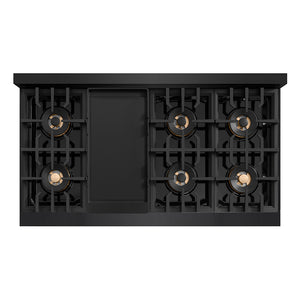 ZLINE Autograph Edition 48 in. 6.7 cu. ft. Classic Dual Fuel Range with 8 Burner DuoPro™ Cooktop and Dual Ovens in Black Stainless Steel and Champagne Bronze Accents (PCDRBZ-48-CB) top-down, above cooktop with griddle.