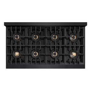ZLINE Autograph Edition 48 in. 6.7 cu. ft. Classic Dual Fuel Range with 8 Burner DuoPro™ Cooktop and Dual Ovens in Black Stainless Steel and Champagne Bronze Accents (PCDRBZ-48-CB) top-down, above cooktop.
