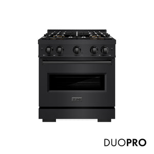 ZLINE 30 in. 4.2 cu. ft. Classic Gas Range with 4 Burner DuoPro™ Cooktop and Convection Gas Oven in Black Stainless Steel (PCGRB-30) front, with DuoPro™ logo.