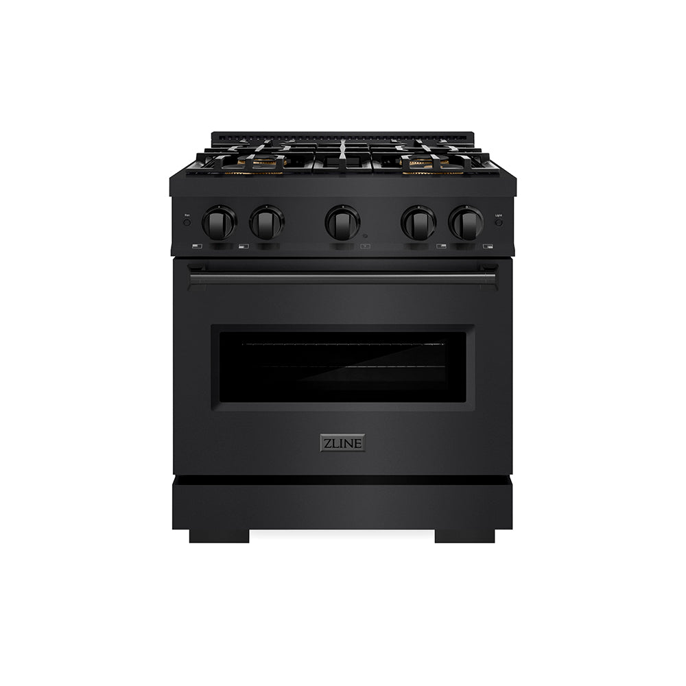 ZLINE 30 in. 4.2 cu. ft. Classic Gas Range with 4 Burner DuoPro™ Cooktop and Convection Gas Oven in Black Stainless Steel (PCGRB-30) front.