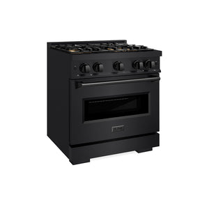 ZLINE 30 in. 4.2 cu. ft. Classic Gas Range with 4 Burner DuoPro™ Cooktop and Convection Gas Oven in Black Stainless Steel (PCGRB-30) side.