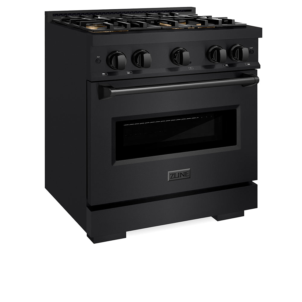 ZLINE 30 in. 4.2 cu. ft. Classic Gas Range with 4 Burner DuoPro™ Cooktop and Convection Gas Oven in Black Stainless Steel (PCGRB-30) side, oven closed.