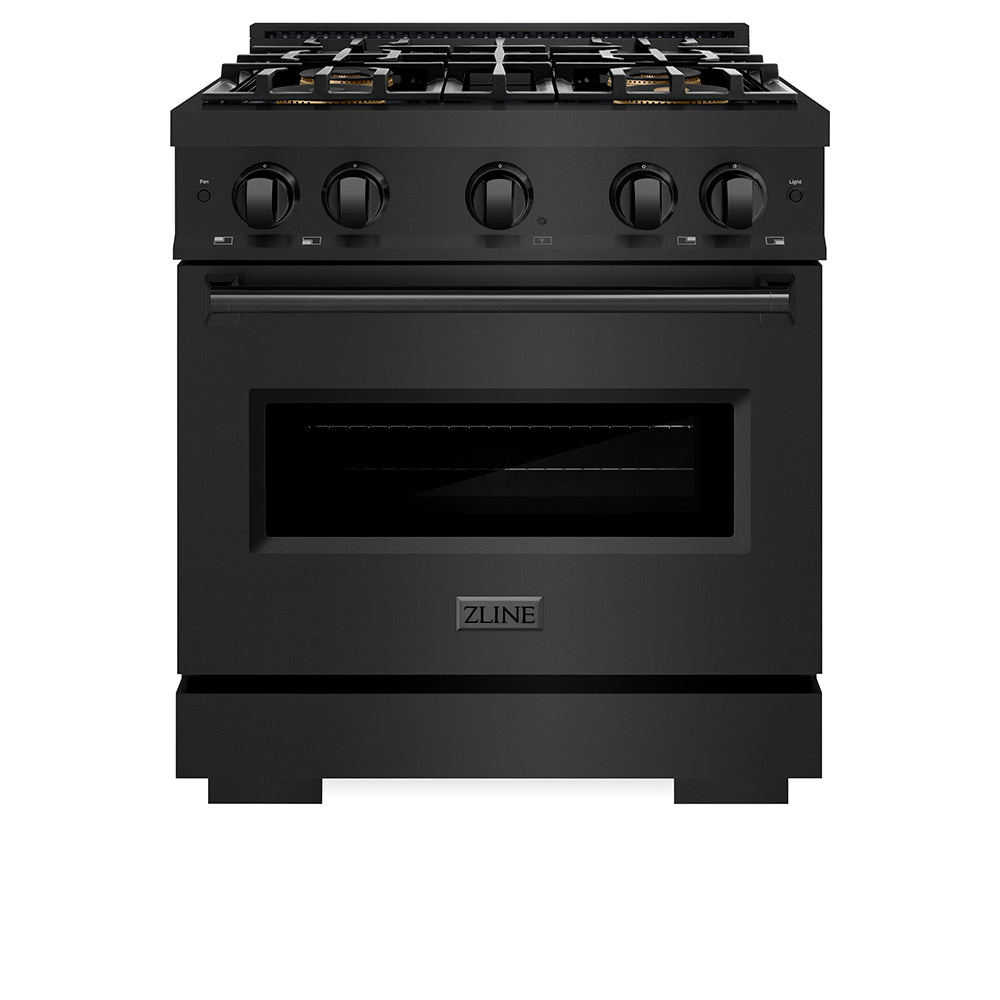 ZLINE 30 in. 4.2 cu. ft. Classic Gas Range with 4 Burner DuoPro™ Cooktop and Convection Gas Oven in Black Stainless Steel (PCGRB-30) front, oven closed.