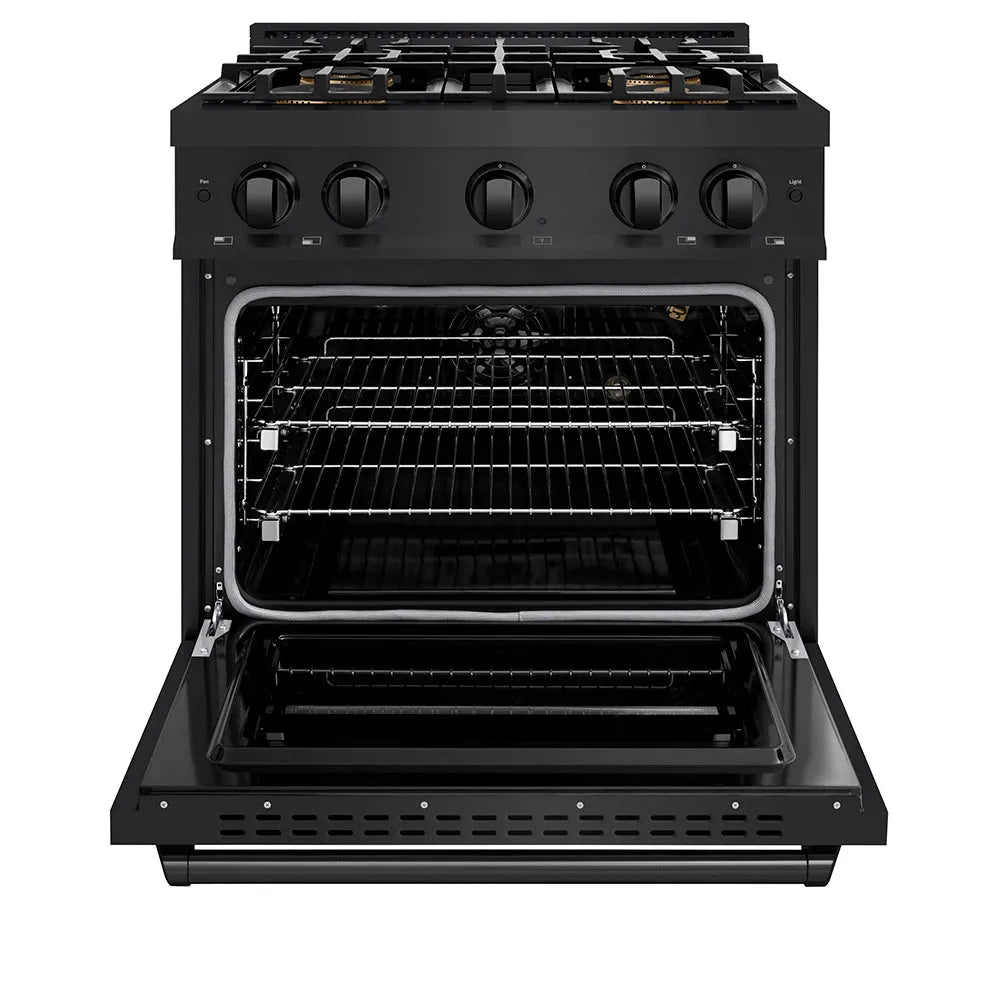 ZLINE 30 in. 4.2 cu. ft. Classic Gas Range with 4 Burner DuoPro™ Cooktop and Convection Gas Oven in Black Stainless Steel (PCGRB-30) front, oven open.
