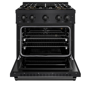 ZLINE 30 in. 4.2 cu. ft. Classic Gas Range with 4 Burner DuoPro™ Cooktop and Convection Gas Oven in Black Stainless Steel (PCGRB-30) front, oven open.
