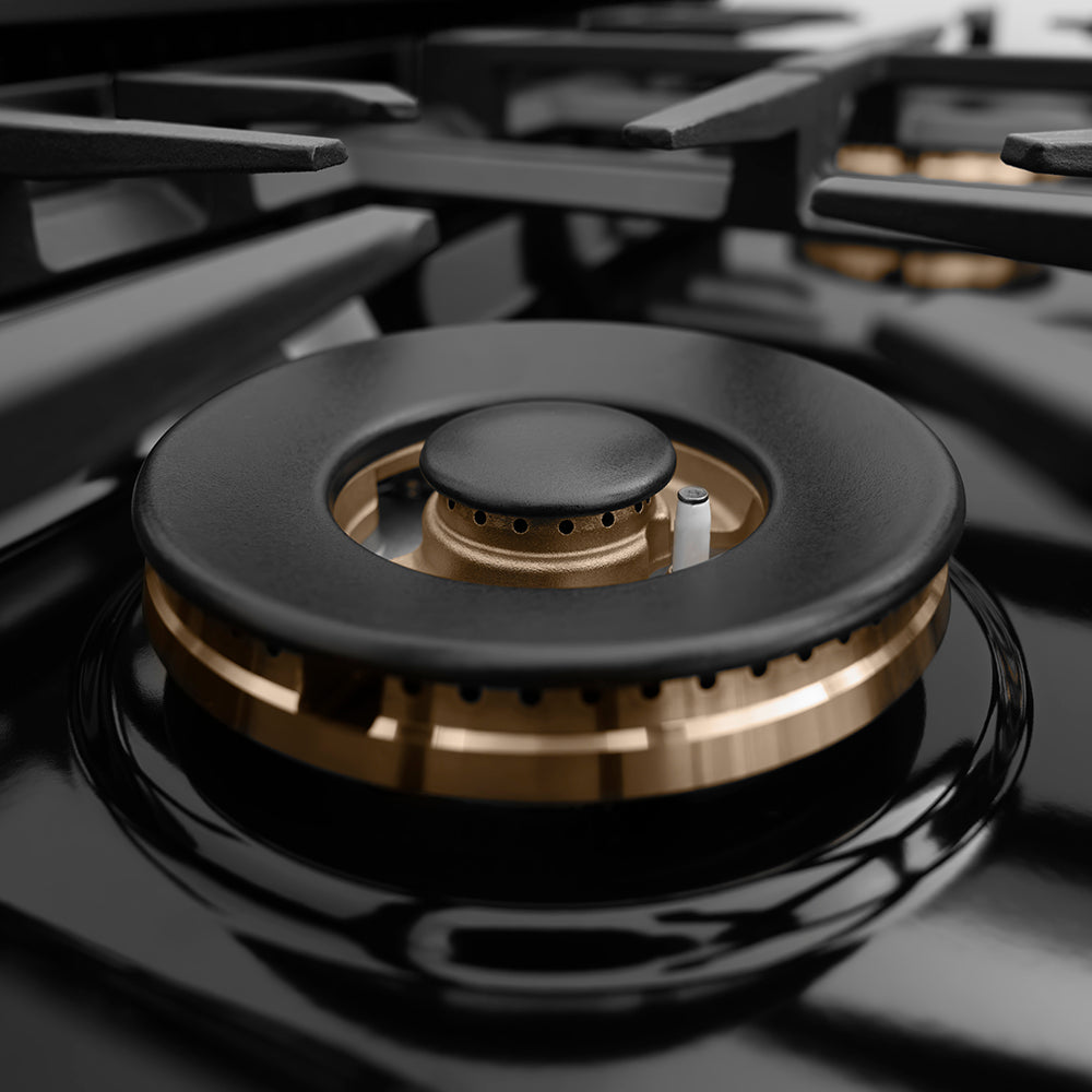 ZLINE 30 in. 4.2 cu. ft. Classic Gas Range with 4 Burner DuoPro™ Cooktop and Convection Gas Oven in Black Stainless Steel (PCGRB-30) close-up, DuoPro™ burner.
