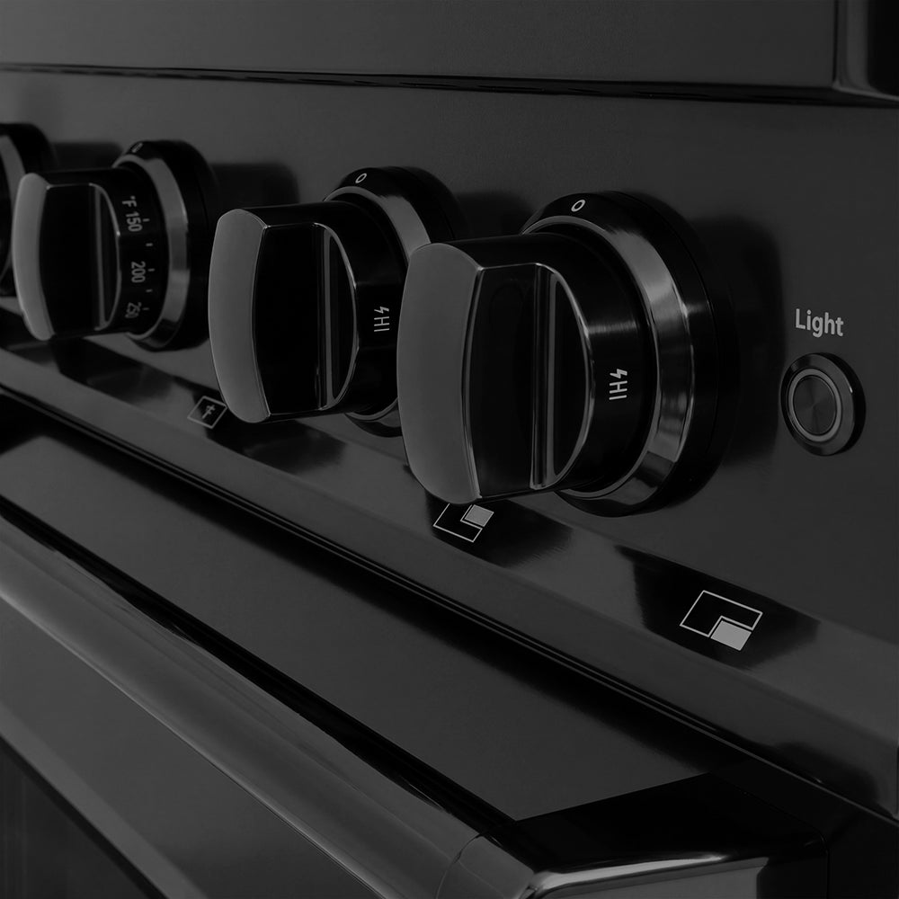 ZLINE 30 in. 4.2 cu. ft. Classic Gas Range with 4 Burner DuoPro™ Cooktop and Convection Gas Oven in Black Stainless Steel (PCGRB-30) cooktop and oven knobs.