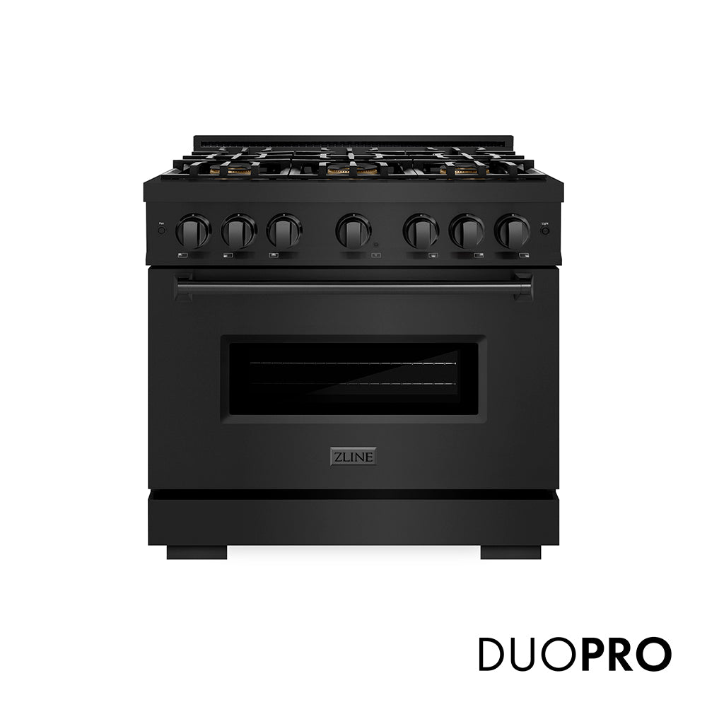 ZLINE 36 in. 5.2 cu. ft. Classic Gas Range with 6 Burner DuoPro™ Cooktop and Convection Gas Oven in Black Stainless Steel (PCGRB-36) front, with DuoPro™ logo.