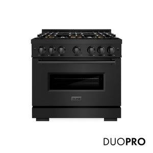 ZLINE 36 in. 5.2 cu. ft. Classic Gas Range with 6 Burner DuoPro™ Cooktop and Convection Gas Oven in Black Stainless Steel (PCGRB-36) front, with DuoPro™ logo.