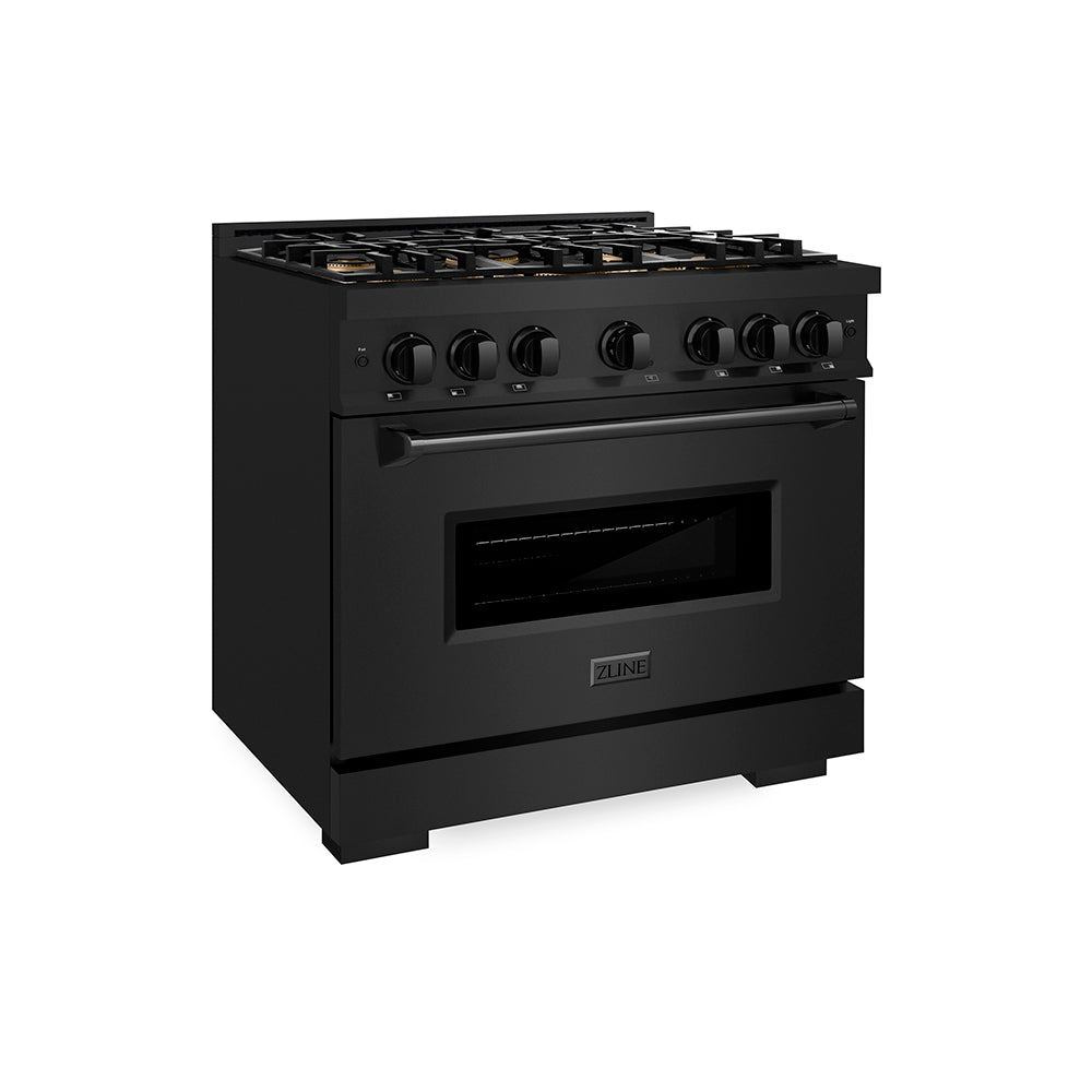 ZLINE 36 in. 5.2 cu. ft. Classic Gas Range with 6 Burner DuoPro™ Cooktop and Convection Gas Oven in Black Stainless Steel (PCGRB-36) side.