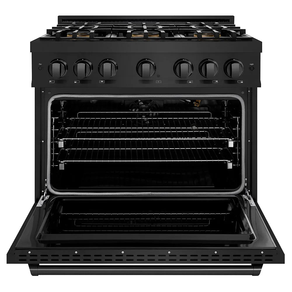 ZLINE 36 in. 5.2 cu. ft. Classic Gas Range with 6 Burner DuoPro™ Cooktop and Convection Gas Oven in Black Stainless Steel (PCGRB-36) front, oven open.