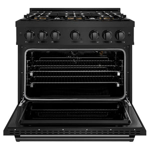 ZLINE 36 in. 5.2 cu. ft. Classic Gas Range with 6 Burner DuoPro™ Cooktop and Convection Gas Oven in Black Stainless Steel (PCGRB-36) front, oven open.