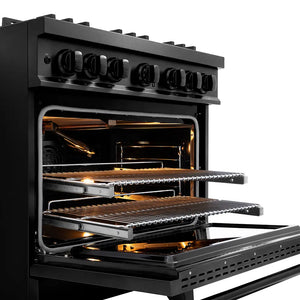 ZLINE 36 in. 5.2 cu. ft. Classic Gas Range with 6 Burner DuoPro™ Cooktop and Convection Gas Oven in Black Stainless Steel (PCGRB-36) open oven with racks inside, showing interior design and layout.