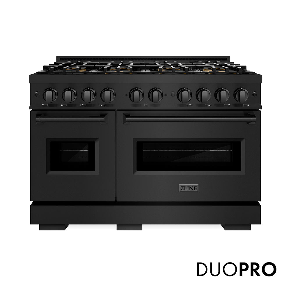 ZLINE 48 in. 6.7 cu. ft. Classic Gas Range with 8 Burner DuoPro™ Cooktop and Dual Ovens in Black Stainless Steel (PCGRB-48) front, with DuoPro™ logo.