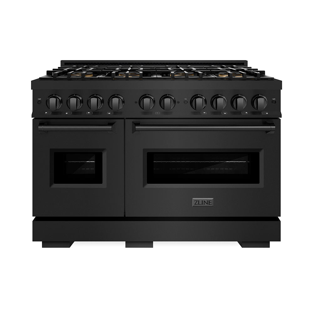 ZLINE 48 in. 6.7 cu. ft. Classic Gas Range with 8 Burner DuoPro™ Cooktop and Dual Ovens in Black Stainless Steel (PCGRB-48) front.