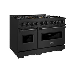 ZLINE 48 in. 6.7 cu. ft. Classic Gas Range with 8 Burner DuoPro™ Cooktop and Dual Ovens in Black Stainless Steel (PCGRB-48) side.