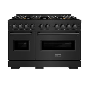 ZLINE 48 in. 6.7 cu. ft. Classic Gas Range with 8 Burner DuoPro™ Cooktop and Dual Ovens in Black Stainless Steel (PCGRB-48) front, oven closed.