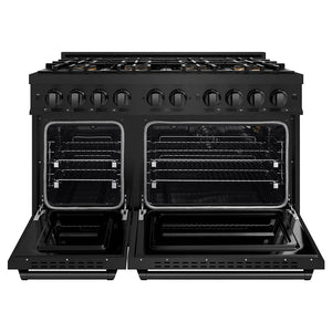 ZLINE 48 in. 6.7 cu. ft. Classic Gas Range with 8 Burner DuoPro™ Cooktop and Dual Ovens in Black Stainless Steel (PCGRB-48) front, oven open.