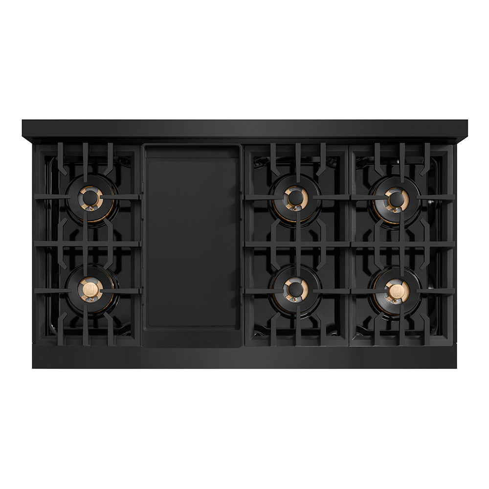 ZLINE 48 in. 6.7 cu. ft. Classic Gas Range with 8 Burner DuoPro™ Cooktop and Dual Ovens in Black Stainless Steel (PCGRB-48) top-down, above cooktop with griddle.