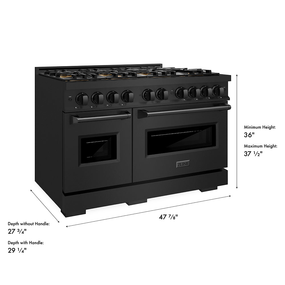 ZLINE 48 in. 6.7 cu. ft. Classic Gas Range with 8 Burner DuoPro™ Cooktop and Dual Ovens in Black Stainless Steel (PCGRB-48) dimensional diagram.